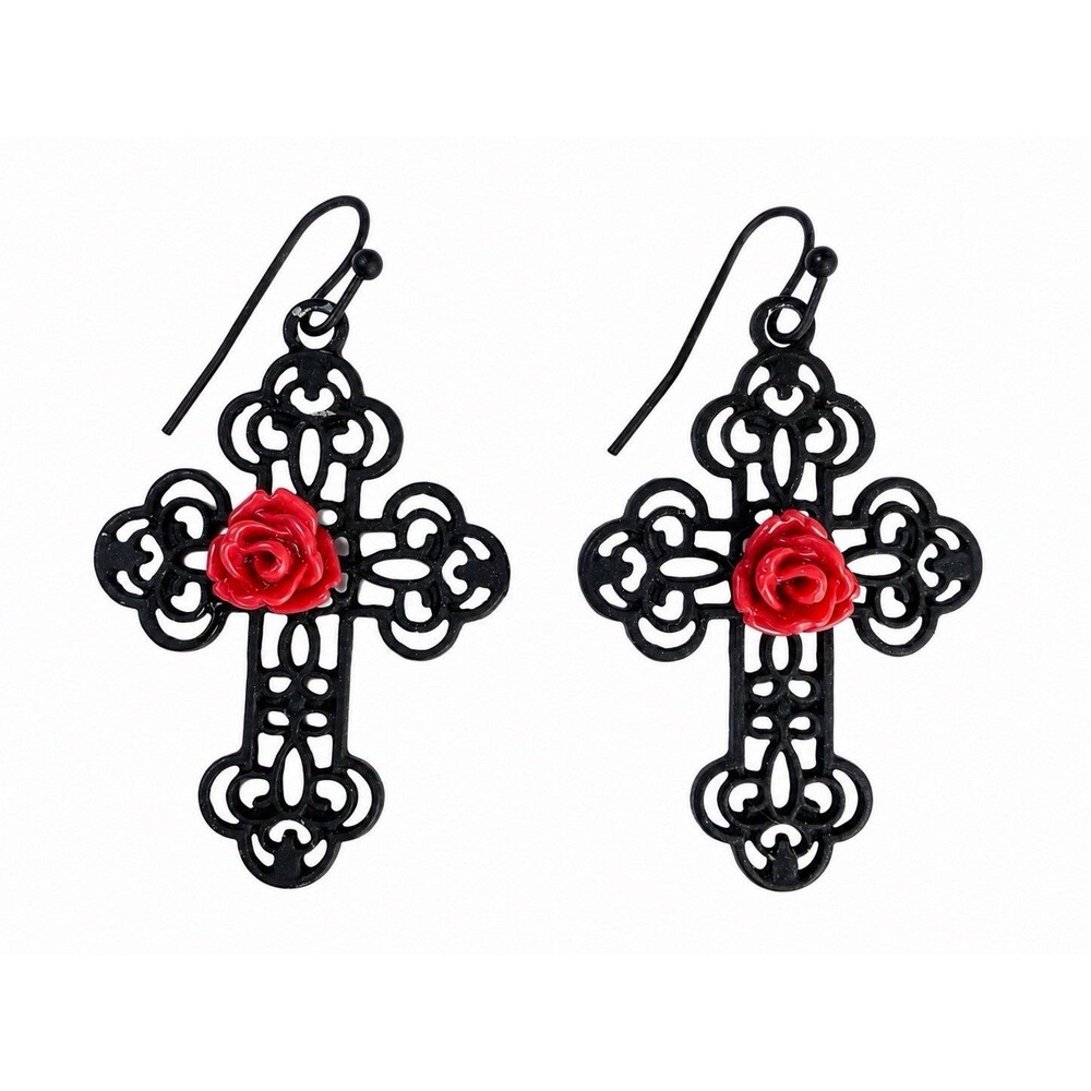 Vintage Gothic Black Cross Red Rose Dangle Earrings Victorian Goth Statement